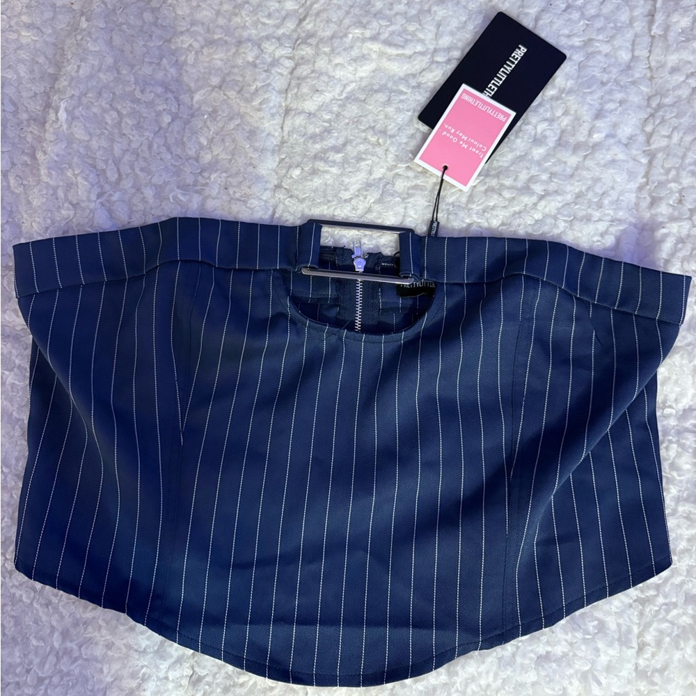 PrettyLittleThing Blue Pinstripe Bandeau Top